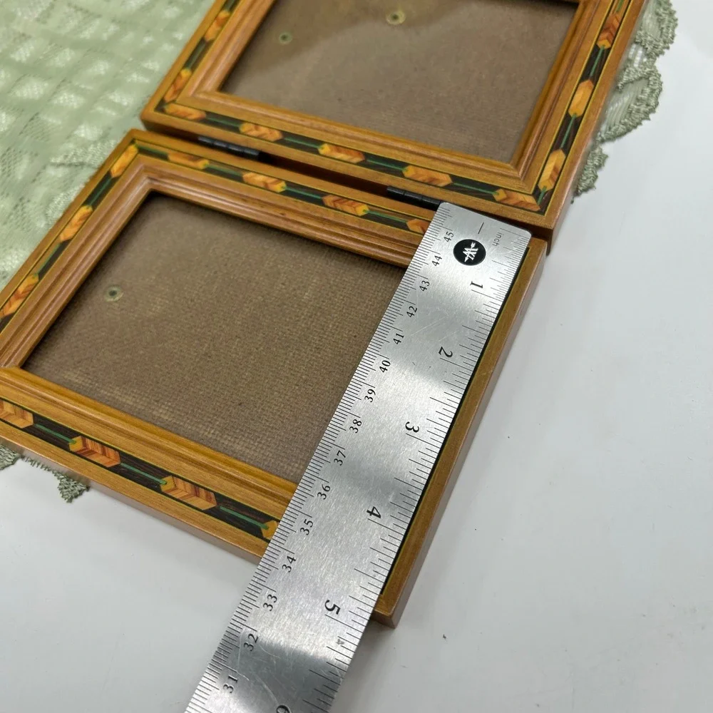 Vintage Wood Inlay Fetco Marquetry Double Frame Standing Wooden